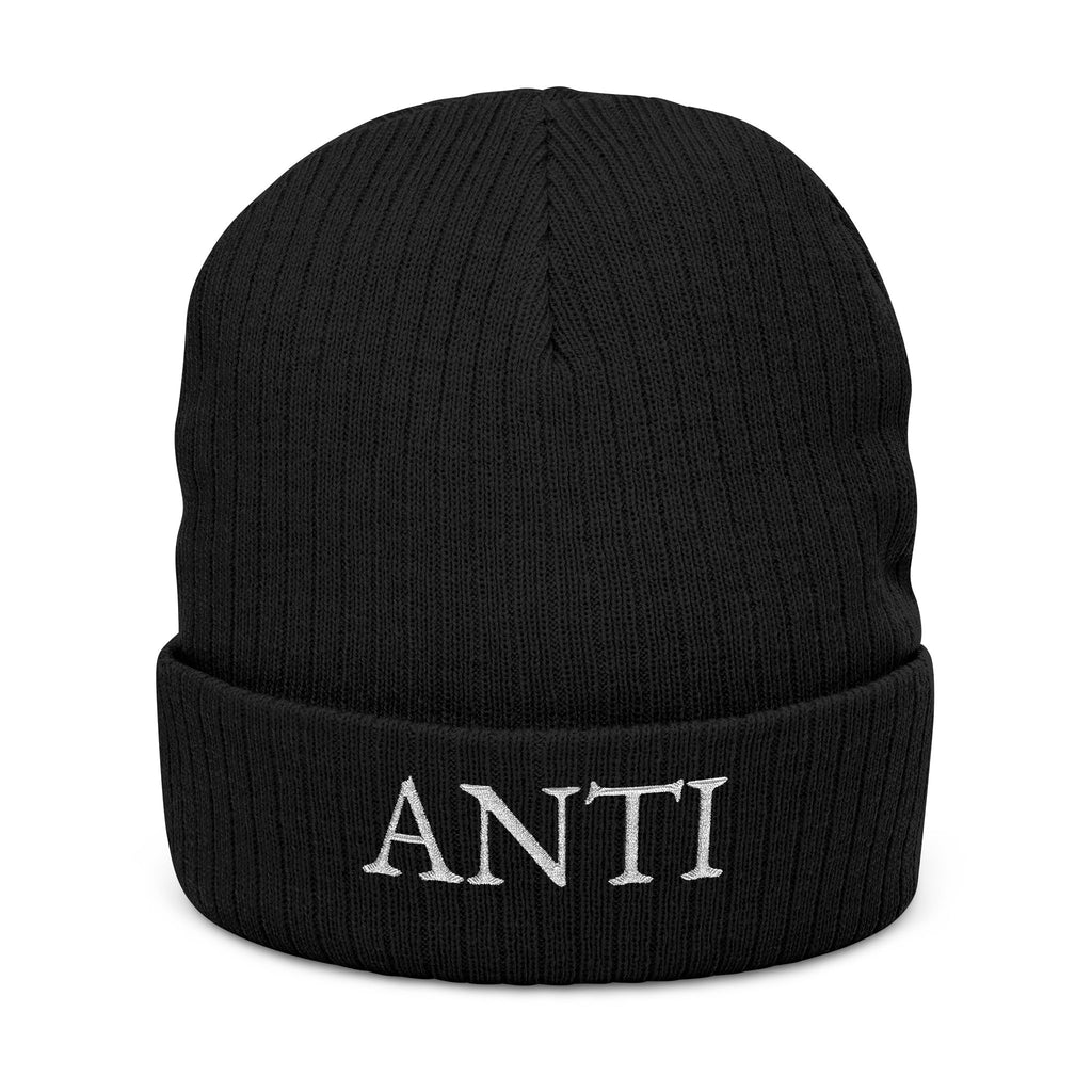 Embroidered "ANTI" Ribbed Knit Beanie - Black Cuffed Winter Hat