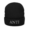 Embroidered "ANTI" Ribbed Knit Beanie - Black Cuffed Winter Hat