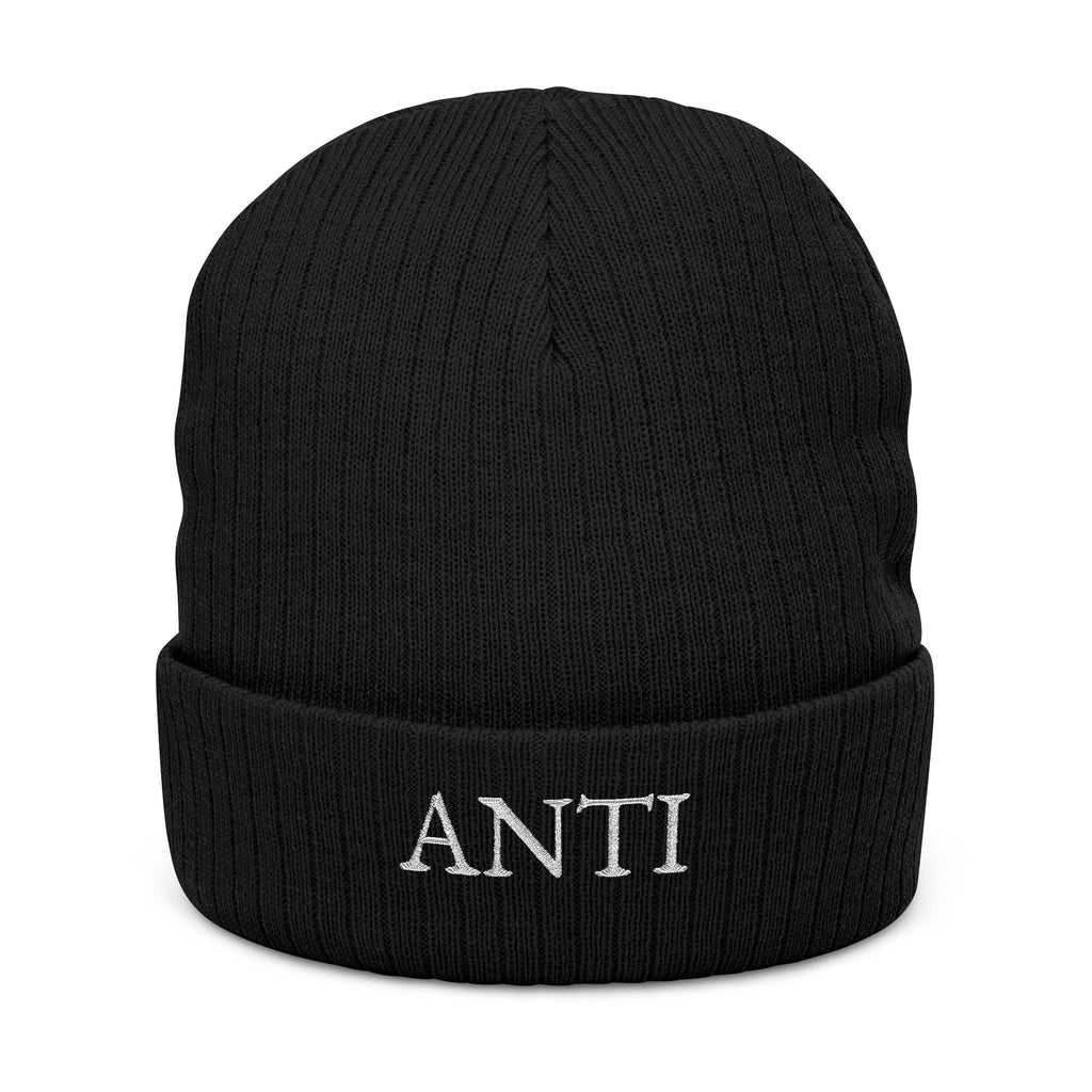 Embroidered 'ANTI' Ribbed Knit Beanie – Black Cuffed Winter Hat