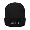 Embroidered 'ANTI' Ribbed Knit Beanie – Black Cuffed Winter Hat