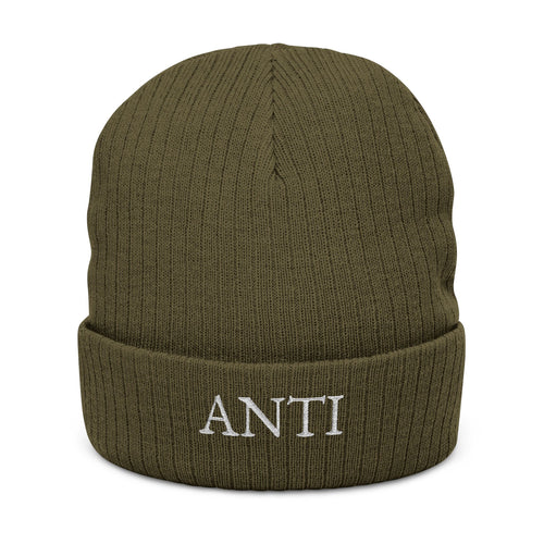 Embroidered 'ANTI' Ribbed Knit Beanie – Black Cuffed Winter Hat