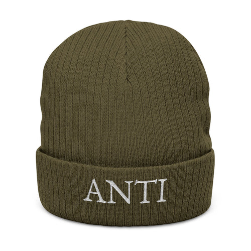 Embroidered "ANTI" Ribbed Knit Beanie - Black Cuffed Winter Hat